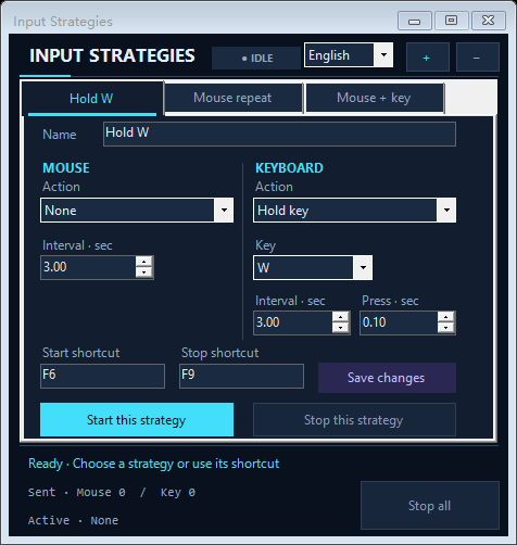 CursorClicker desktop app showing three input strategy tabs, mouse and keyboard settings, and shortcut controls